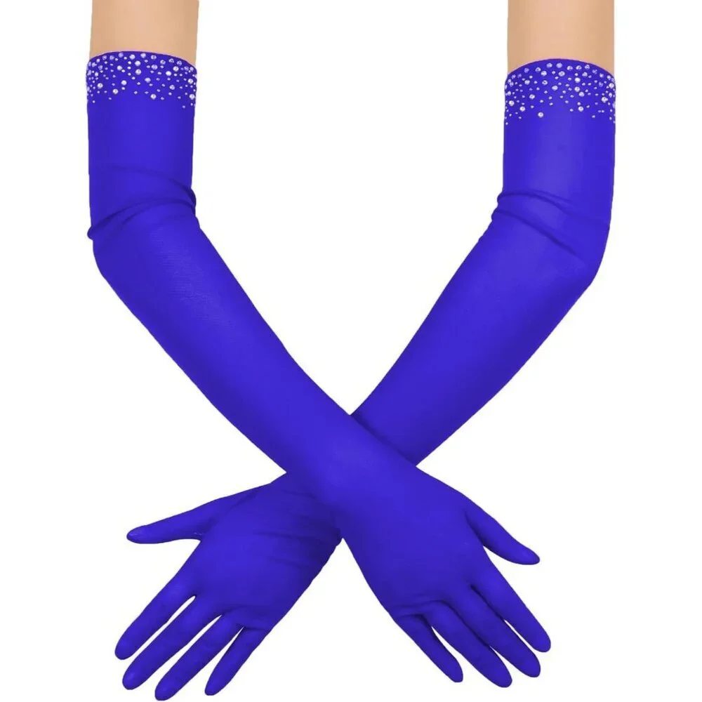Women's Sexy Pearl Royal Blue Beaded Long Gloves Tulle Mesh Wedding Party Prom